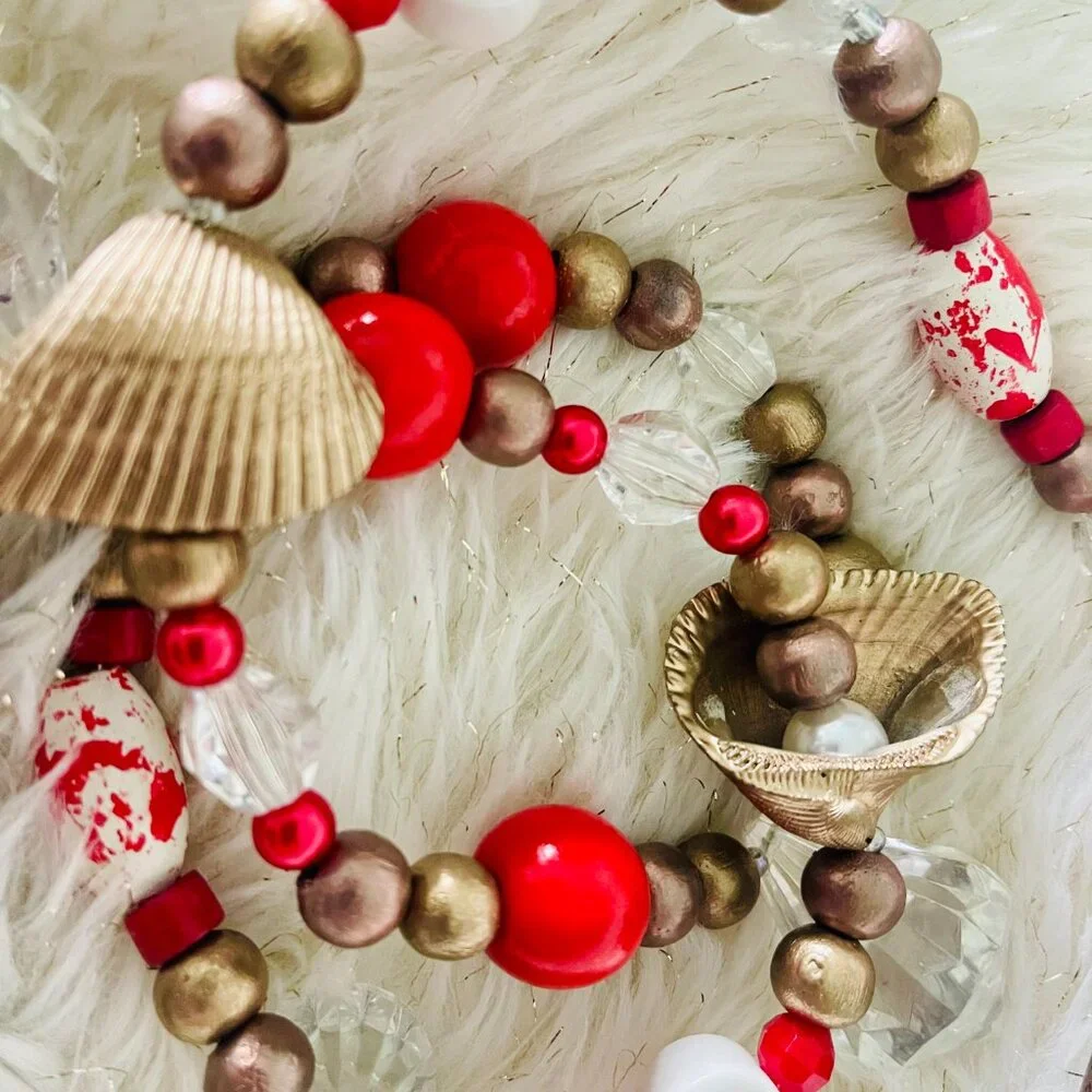 Hand Painted Beaded Valentine Garland- Red Hearts & Gold Seashells #3912